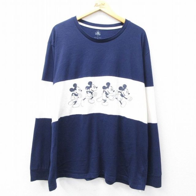 【50%OFF】XL★古着 長袖 Tシャツ メンズ ディズニー DISNEY ミッキー MICKEY MOUSE 大きいサイズ クルーネック 紺他 ネイビー 25aug28 中古