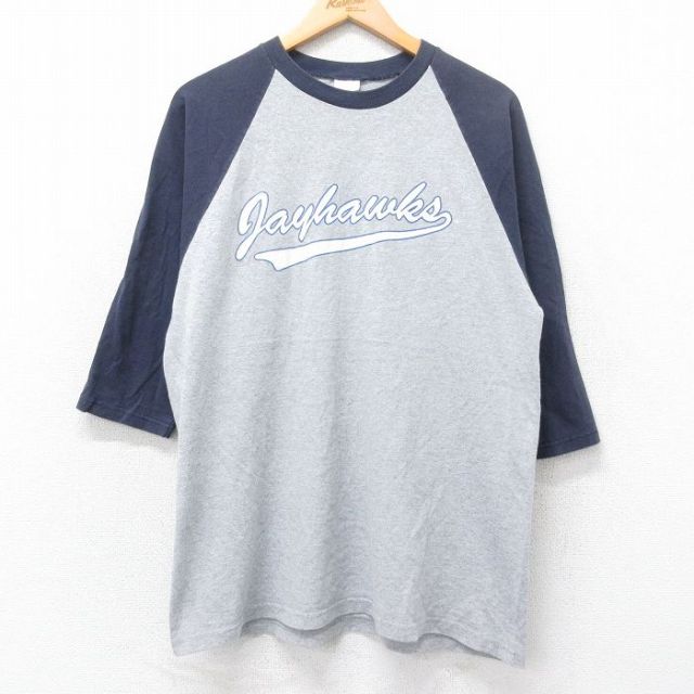 XL★古着 7分袖 ビンテージ Tシャツ メンズ 00年代 00s Jayhawks ラグラン ツートンカラー クルーネック グレー 霜降り他 25aug28 中古 7分丈 七分丈 七分袖