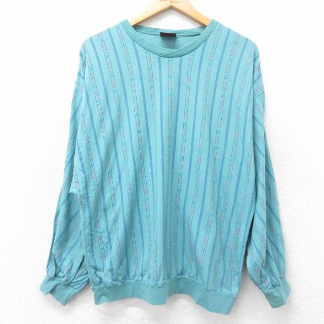 XL★古着 長袖 ビンテージ Tシャツ メンズ 90年代 90s コットン クルーネック 青緑 ストライプ 25aug28 中古