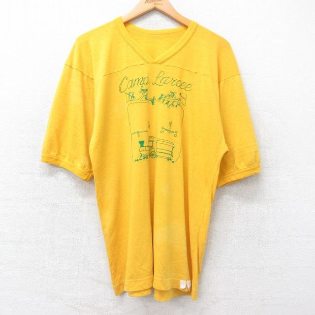 【50%OFF】L★古着 半袖 ビンテージ フットボール Tシャツ メンズ 90年代 90s Camp Larcee Vネック 黄 イエロー 25aug28 中古
