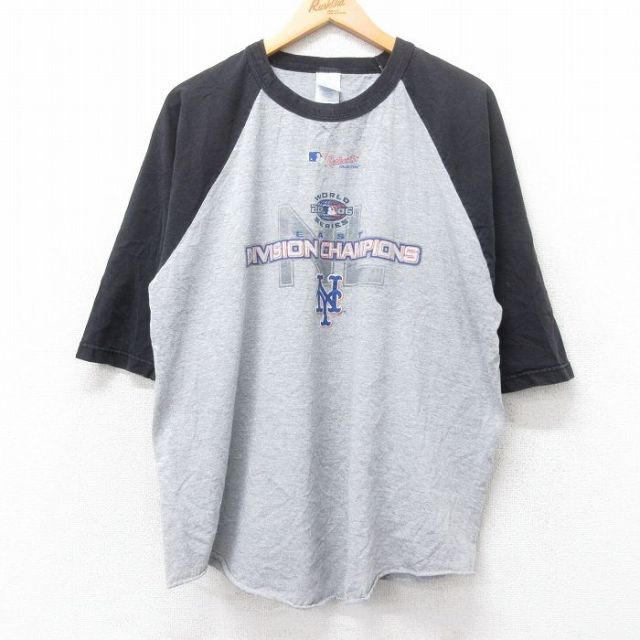 【20%OFF】XL★古着 7分袖 ビンテージ Tシャツ メンズ 00年代 00s MLB ニューヨークメッツ ラグラン ツートンカラー クルーネック グレー 霜降り他 メジャーリーグ ベースボール 野球 25aug28 中古 7分丈 七分丈 七分袖