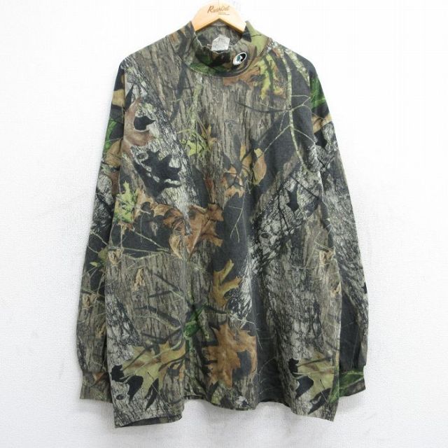 XL★古着 長袖 Tシャツ メンズ モッシーオーク 大きいサイズ ロング丈 コットン モックネック ハイネック 茶他 ブラウン 迷彩 25aug28 中古