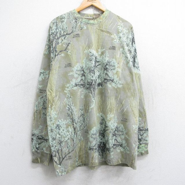 XL★古着 長袖 ビンテージ Tシャツ メンズ 00年代 00s Ghost 木 総柄 ロング丈 コットン クルーネック ベージュ系他 カーキ 迷彩 【spe】 25aug28 中古