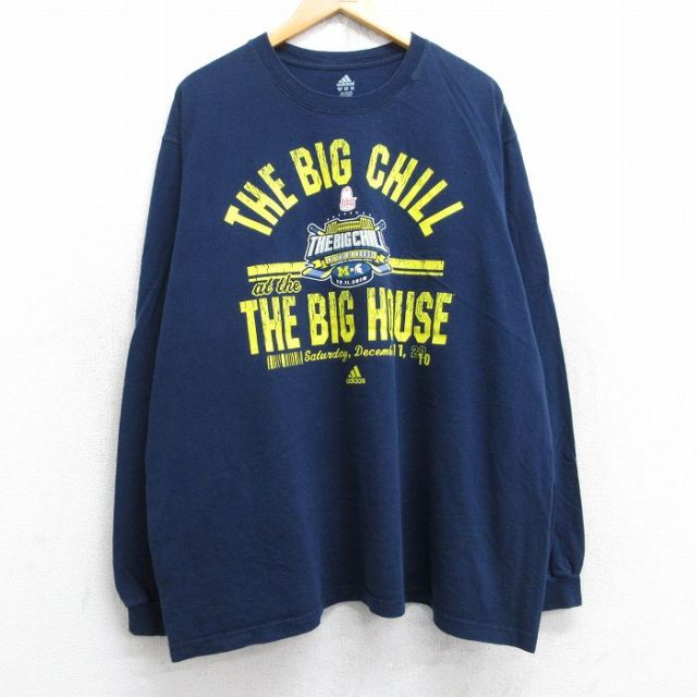 【50%OFF】XL★古着 アディダス adidas 長袖 Tシャツ メンズ ミシガン アイスホッケー 大きいサイズ コットン クルーネック 紺 ネイビー 25aug28 中古