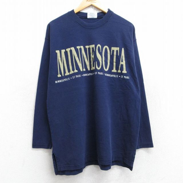 L★古着 長袖 ビンテージ Tシャツ メンズ 90年代 90s ミネソタ 鹿の子 コットン クルーネック USA製 紺 ネイビー 【spe】 25aug28 中古