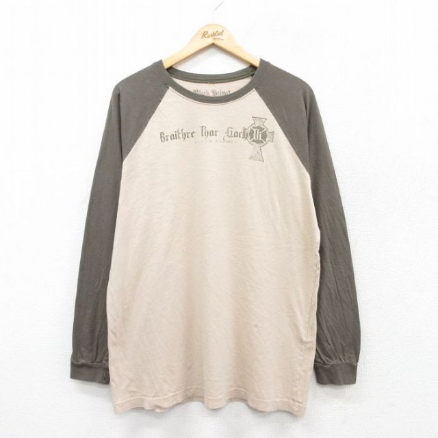 【20%OFF】L★古着 長袖 Tシャツ メンズ BLACK HELMET 十字架 ラグラン ツートンカラー コットン クルーネック ベージュ他 カーキ 25aug28 中古