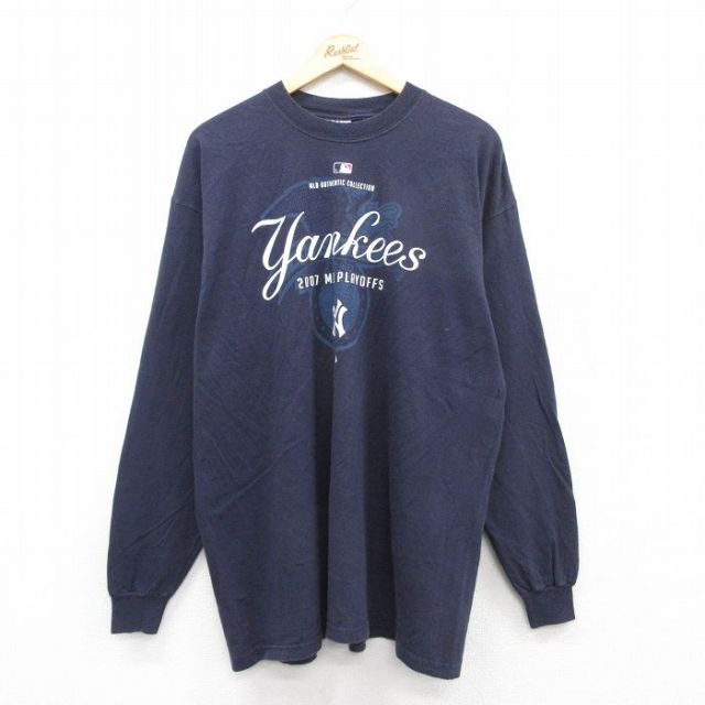【20%OFF】XL★古着 マジェスティック 長袖 ビンテージ Tシャツ メンズ 00年代 00s MLB ニューヨークヤンキース 大きいサイズ コットン クルーネック 紺 ネイビー メジャーリーグ ベースボール 野球 25aug28 中古