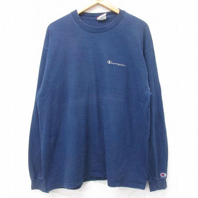 【50%OFF】XL★古着 チャンピオン Champion 長袖 ビンテージ Tシャツ メンズ 00年代 00s ワンポイントロゴ 大きいサイズ クルーネック 紺 ネイビー 25aug28 中古