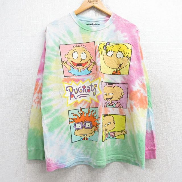 XL★古着 長袖 Tシャツ メンズ ニコロデオン ラグラッツ コットン クルーネック 緑他 グリーン タイダイ 25aug28 中古