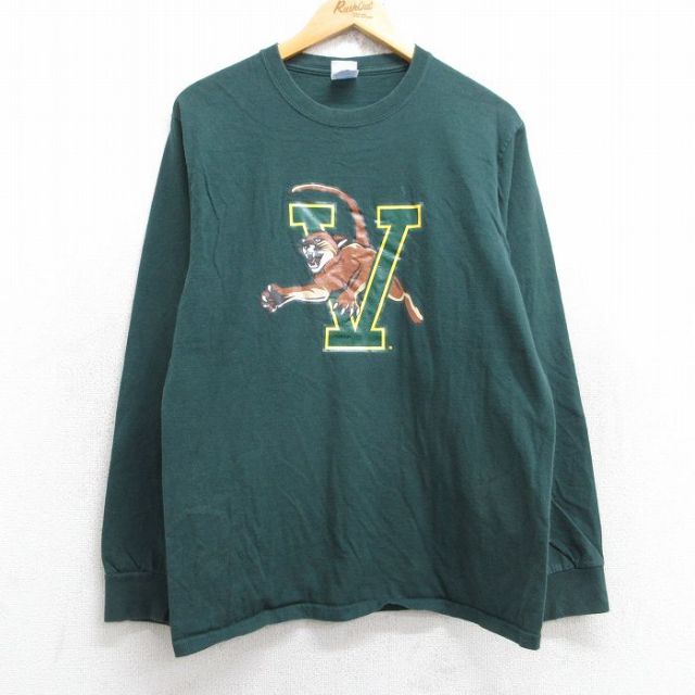 M★古着 長袖 ビンテージ Tシャツ メンズ 00年代 00s V タイガー コットン クルーネック 緑 グリーン 25aug29 中古
