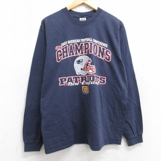 【20%OFF】L★古着 長袖 ビンテージ Tシャツ メンズ 00年代 00s NFL ニューイングランドペイトリオッツ コットン クルーネック 紺 ネイビー アメフト スーパーボウル 25aug29 中古