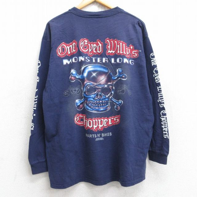 XL★古着 長袖 ビンテージ Tシャツ メンズ 00年代 00s スカル バイク One Eyed Willys コットン クルーネック 紺 ネイビー 25aug29 中古