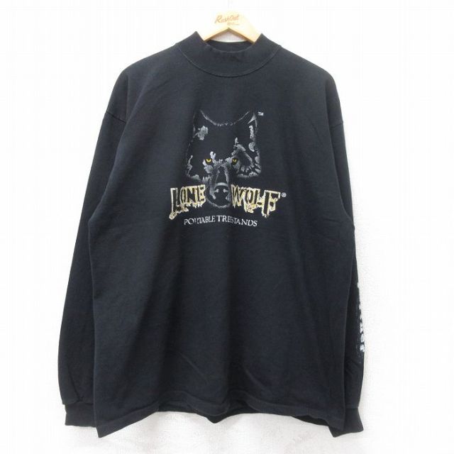 XL★古着 長袖 Tシャツ メンズ LONE WOLF オオカミ コットン モックネック ハイネック 黒 ブラック 25aug29 中古