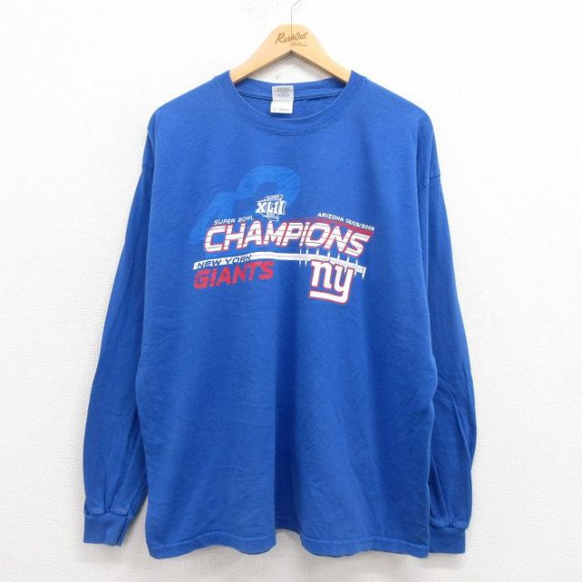 XL★古着 長袖 ビンテージ Tシャツ メンズ 00年代 00s NFL ニューヨークジャイアンツ コットン クルーネック 青 ブルー アメフト スーパーボウル 25aug29 中古