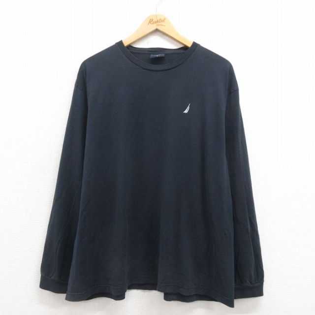 XL★古着 ノーティカ NAUTICA 長袖 ブランド Tシャツ メンズ ワンポイントロゴ 大きいサイズ コットン クルーネック 黒 ブラック 25aug29 中古