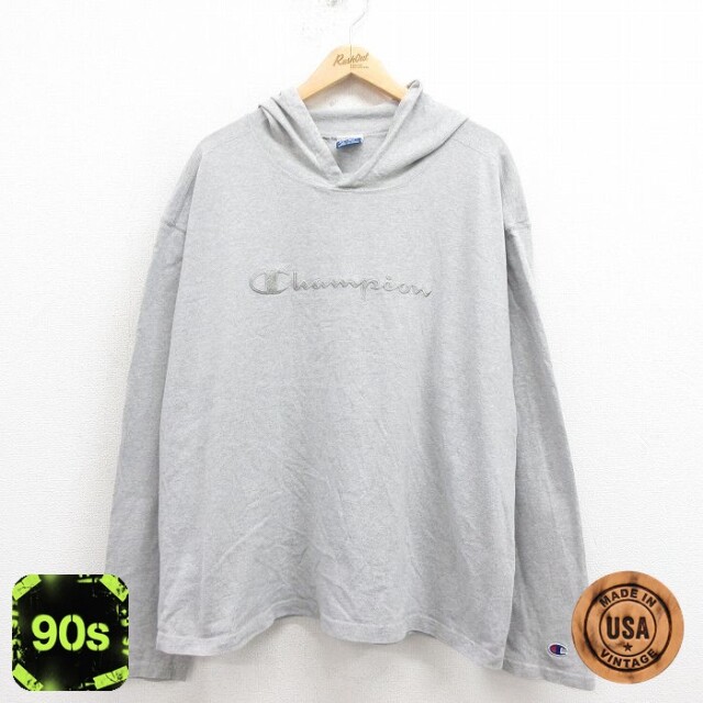 チャンピオン 90s 長袖パーカー ビッグロゴ グレー XL | 古着
