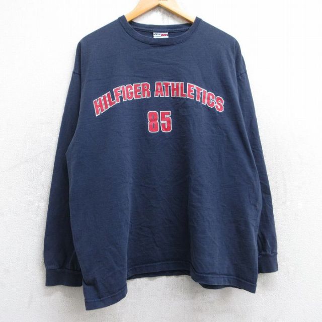 【50%OFF】XL★古着 トミーヒルフィガー TOMMY HILFIGER 長袖 ブランド Tシャツ メンズ 90年代 90s ビッグロゴ コットン クルーネック USA製 紺 ネイビー 25aug29 中古