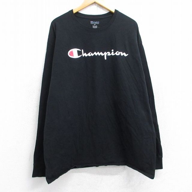 XL★古着 チャンピオン champion 長袖 Tシャツ メンズ ビッグロゴ 大きいサイズ コットン クルーネック 黒 ブラック 25aug29 中古
