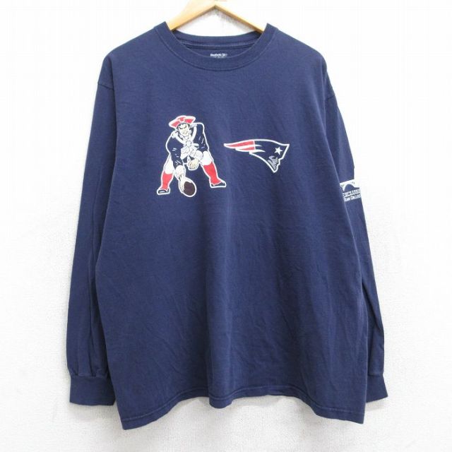 【50%OFF】XL★古着 リーボック REEBOK 長袖 Tシャツ メンズ NFL ニューイングランドペイトリオッツ 大きいサイズ コットン クルーネック 紺 ネイビー アメフト スーパーボウル 25aug29 中古