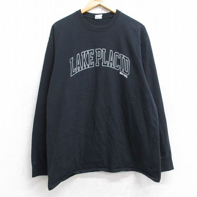XL★古着 長袖 Tシャツ メンズ レイクプラシッド コットン クルーネック 黒 ブラック 25aug29 中古