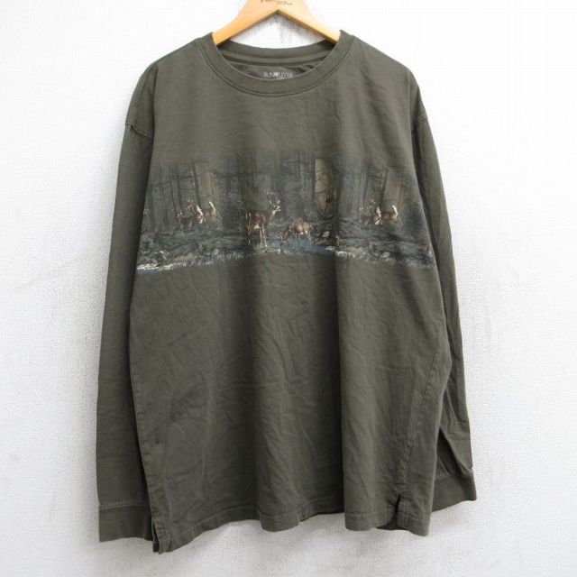 【50%OFF】XL★古着 長袖 Tシャツ メンズ シカ 大きいサイズ コットン クルーネック 濃緑 グリーン 25aug29 中古