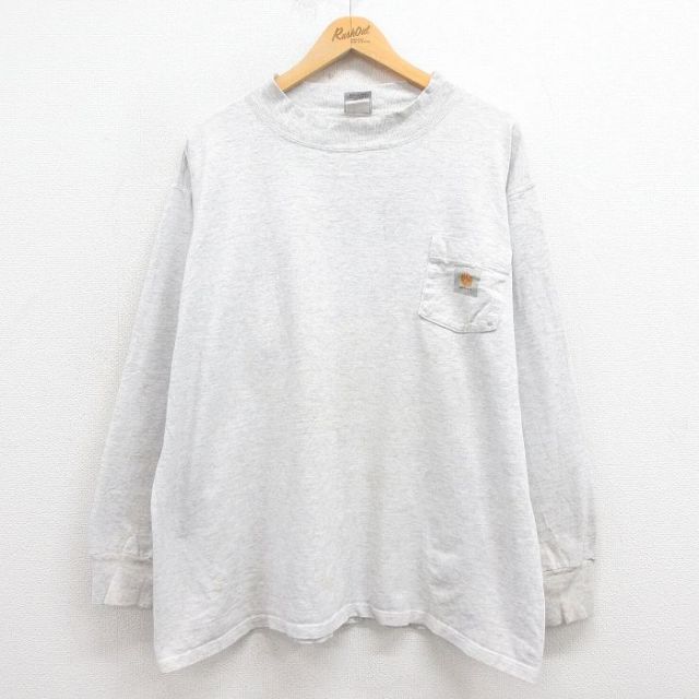 【50%OFF】XL★古着 カーハート Carhartt 長袖 ビンテージ Tシャツ メンズ 90年代 90s ワンポイントロゴ 胸ポケット付き 大きいサイズ クルーネック USA製 グレー 霜降り 25aug29 中古