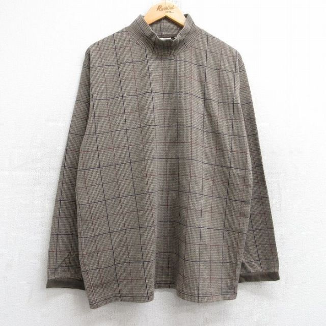 L★古着 エルエルビーン LLBEAN 長袖 ビンテージ Tシャツ メンズ 90年代 90s 千鳥格子 コットン モックネック ハイネック USA製 ベージュ他 カーキ チェック 25aug29 中古