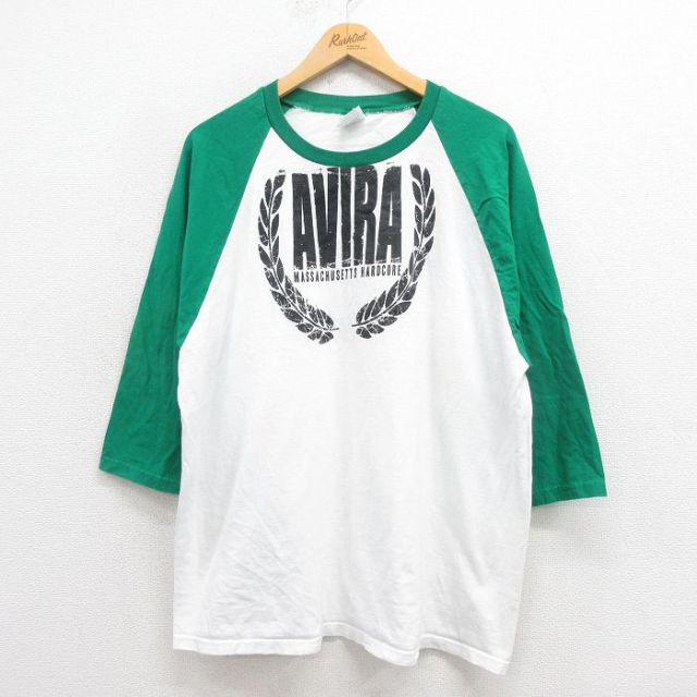 【50%OFF】XL★古着 7分袖 ビンテージ Tシャツ メンズ 00年代 00s AVIRA 大きいサイズ ツートンカラー ラグラン クルーネック 白他 ホワイト 25aug29 中古 7分丈 七分丈 七分袖