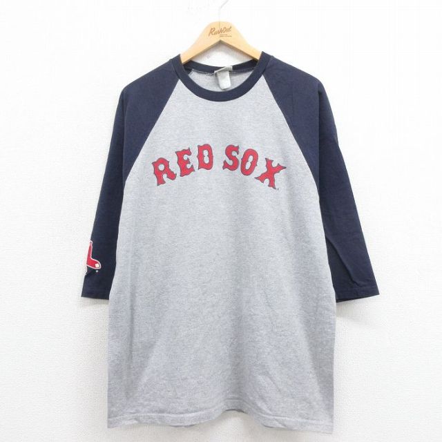 XL★古着 7分袖 ビンテージ Tシャツ メンズ 00年代 00s MLB ボストンレッドソックス リースマグワイア ラグラン クルーネック グレー 霜降り メジャーリーグ ベースボール 野球 25aug29 中古 7分丈 七分丈 七分袖