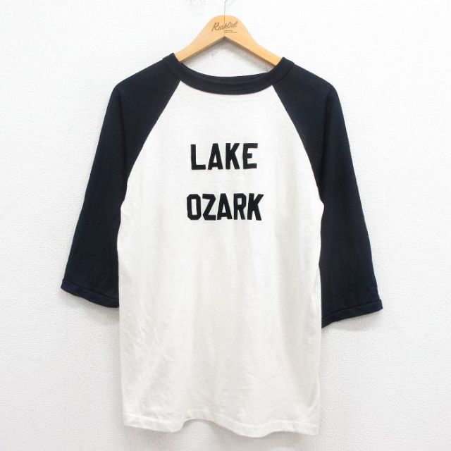 M★古着 7分袖 ビンテージ Tシャツ メンズ 80年代 80s LAKE フロッキープリント ツートンカラー ラグラン クルーネック 白他 ホワイト 25aug29 中古 7分丈 七分丈 七分袖