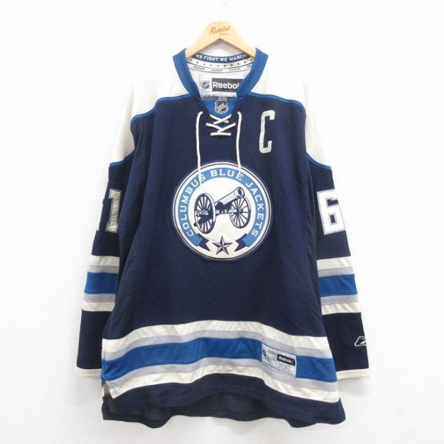 XL★古着 リーボック REEBOK 長袖 Tシャツ アイスホッケー ジャージ メンズ NHL コロンバスブルージャケッツ ナッシュ61 大きいサイズ メッシュ地 Vネック 紺 ネイビー ユニフォーム ゲームシャツ 【spe】 25aug29 中古