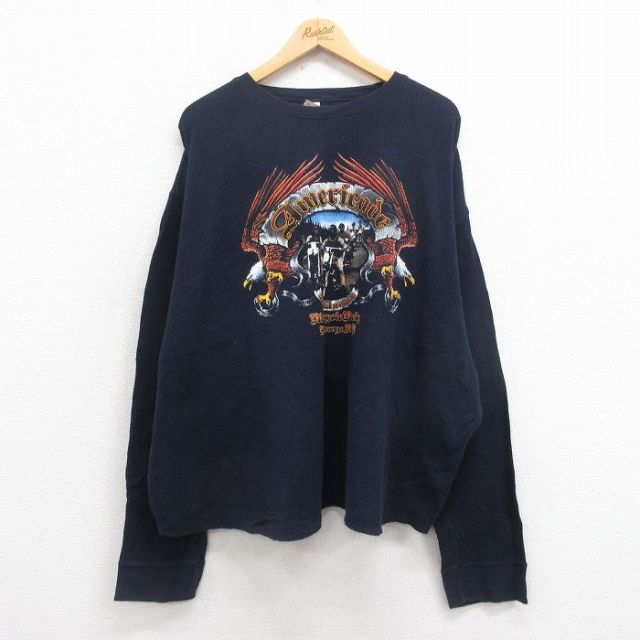 XL★古着 長袖 サーマル Tシャツ メンズ 鳥 モーターサイクルラリー 大きいサイズ コットン クルーネック 紺 ネイビー 25aug29 中古