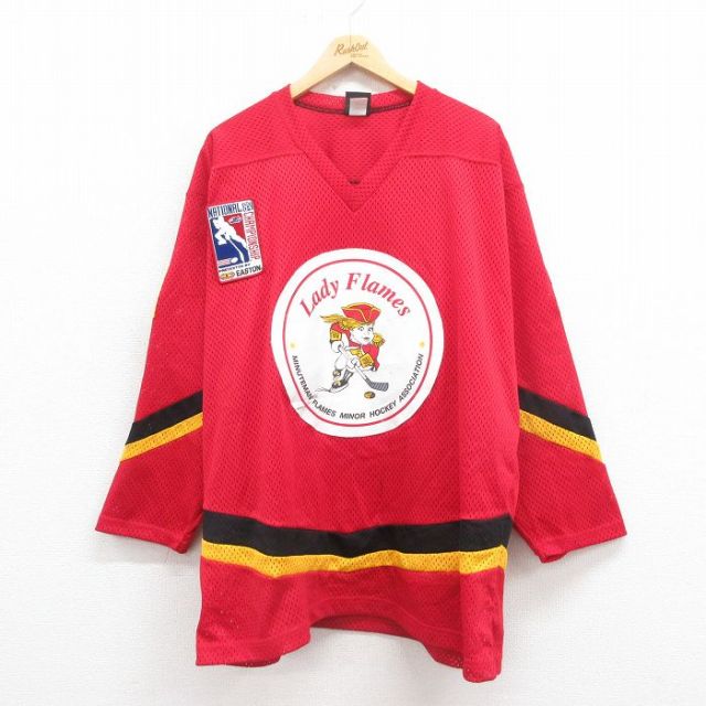 XL★古着 長袖 ビンテージ Tシャツ アイスホッケー ジャージ メンズ 90年代 90s Lady 大きいサイズ メッシュ地 Vネック USA製 赤 レッド 25aug29 中古