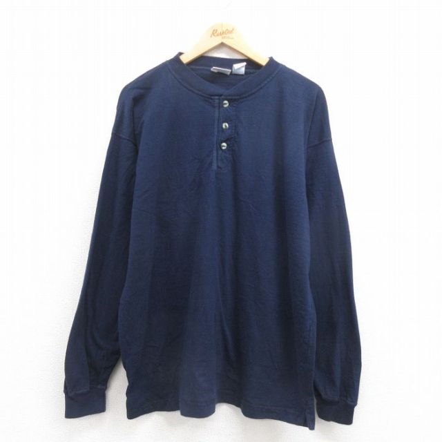 XL★古着 長袖 ビンテージ Tシャツ メンズ 00年代 00s 無地 大きいサイズ コットン ヘンリーネック 紺 ネイビー 25aug29 中古