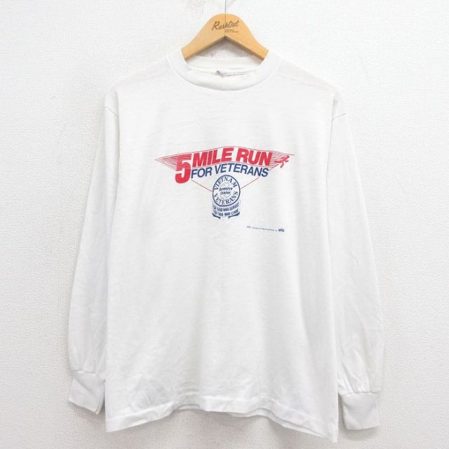 M★古着 長袖 ビンテージ Tシャツ メンズ 80年代 80s マラソン クルーネック USA製 白 ホワイト 25aug29 中古