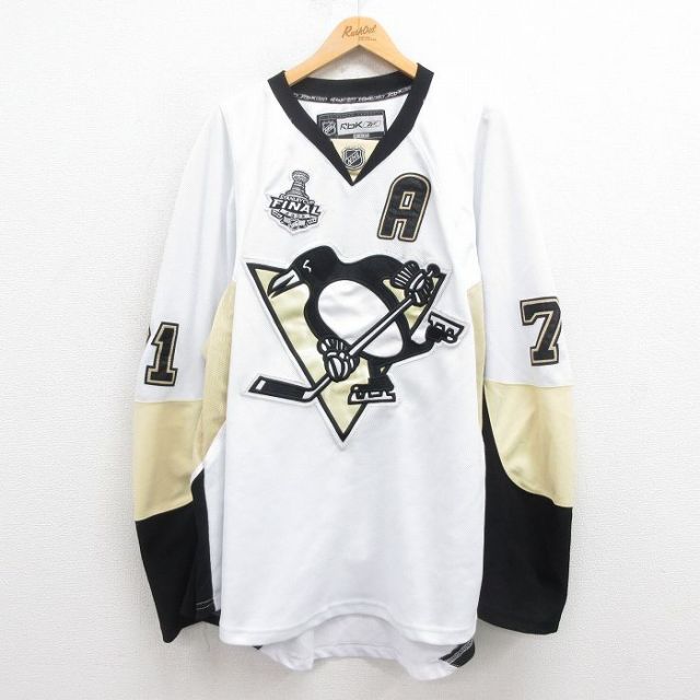 XL★古着 リーボック REEBOK 長袖 Tシャツ アイスホッケー ジャージ メンズ NHL ピッツバーグペンギンズ 大きいサイズ ロング丈 メッシュ地 Vネック カナダ製 白 ホワイト 25aug30 中古
