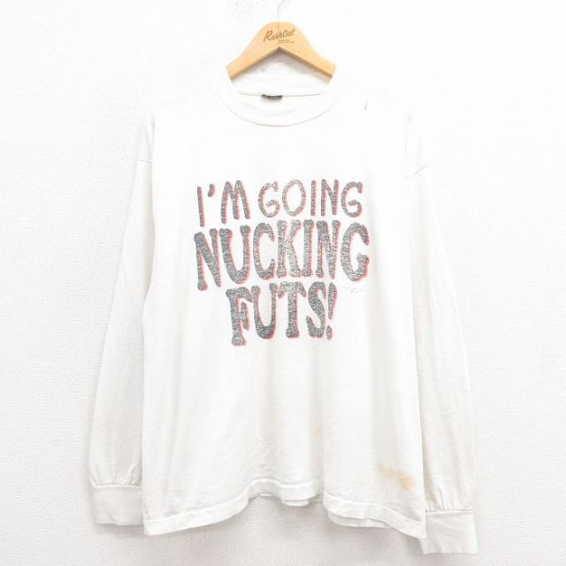 XL★古着 長袖 ビンテージ Tシャツ メンズ 90年代 90s メッセージ 大きいサイズ クルーネック USA製 白 ホワイト 25aug30 中古