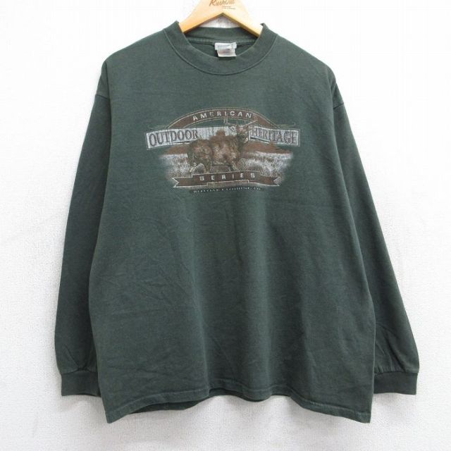 【50%OFF】XL★古着 長袖 ビンテージ Tシャツ メンズ 00年代 00s シカ クルーネック USA製 濃緑 グリーン 25aug30 中古