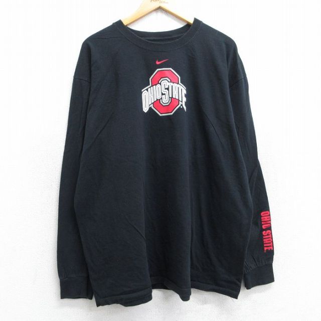 【20%OFF】XL★古着 ナイキ NIKE 長袖 Tシャツ メンズ オハイオステート 大きいサイズ コットン クルーネック 黒 ブラック 25aug30 中古