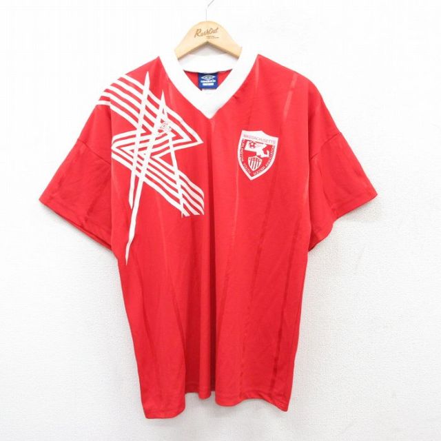 XL★古着 アンブロ 半袖 ビンテージ サッカー Tシャツ メンズ 90年代 90s マサチューセッツ 9 大きいサイズ Vネック USA製 赤 レッド ストライプ 25aug30 中古