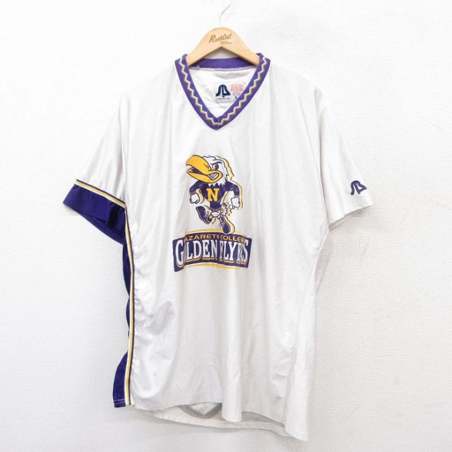 【50%OFF】XL★古着 半袖 ビンテージ Tシャツ メンズ 90年代 90s ナザレス カレッジ ゴールデンフライヤーズ 大きいサイズ ロング丈 Vネック USA製 白 ホワイト 25aug30 中古