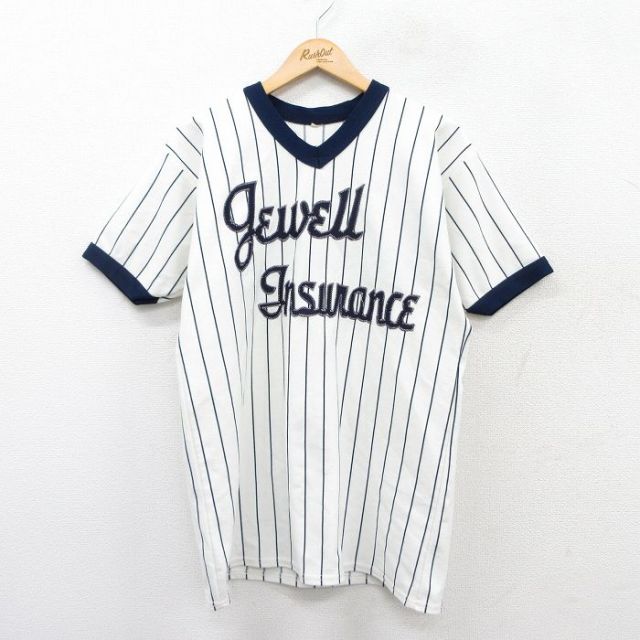 L★古着 半袖 ビンテージ Tシャツ メンズ 80年代 80s Jewell Insurance 4 Vネック 白他 ホワイト ストライプ 25aug30 中古