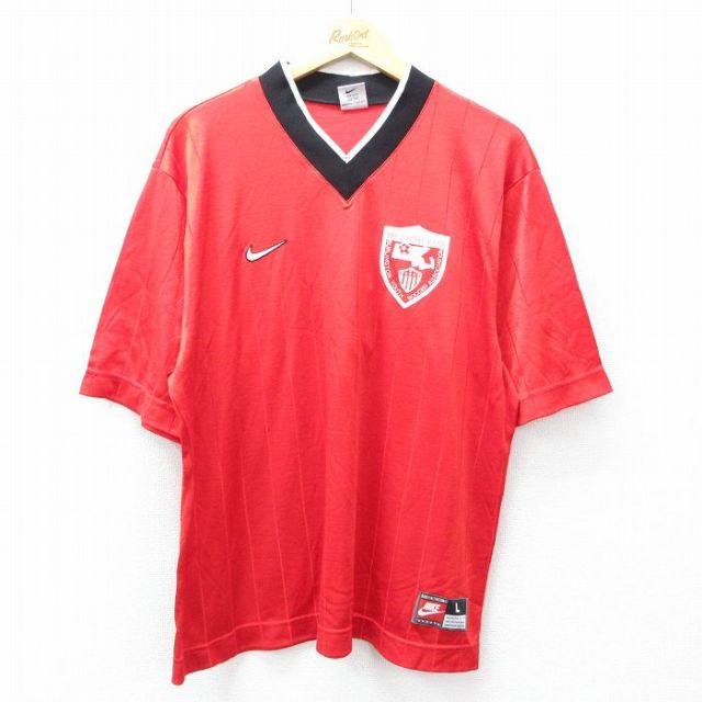 XL★古着 ナイキ NIKE 半袖 ビンテージ サッカー Tシャツ メンズ 90年代 90s ワンポイントロゴ マサチューセッツ 33 Vネック USA製 赤他 レッド 25aug30 中古
