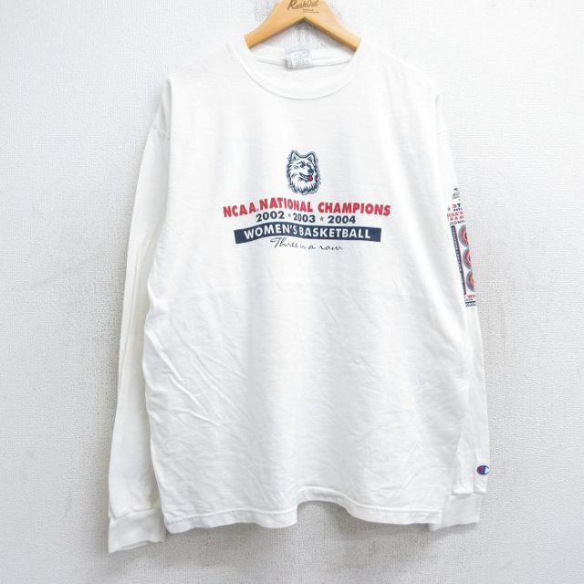 【50%OFF】チャンピオン 00s 長袖Tシャツ コネチカットハスキーズバスケットボール ホワイト XL | 古着