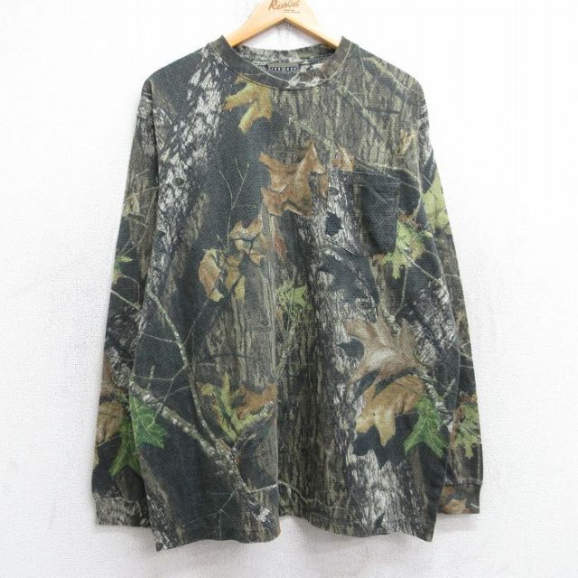 XL★古着 ジャージーズ 長袖 Tシャツ メンズ 胸ポケット付き メッシュ地 大きいサイズ クルーネック 濃緑他 グリーン 迷彩 25sep03 中古