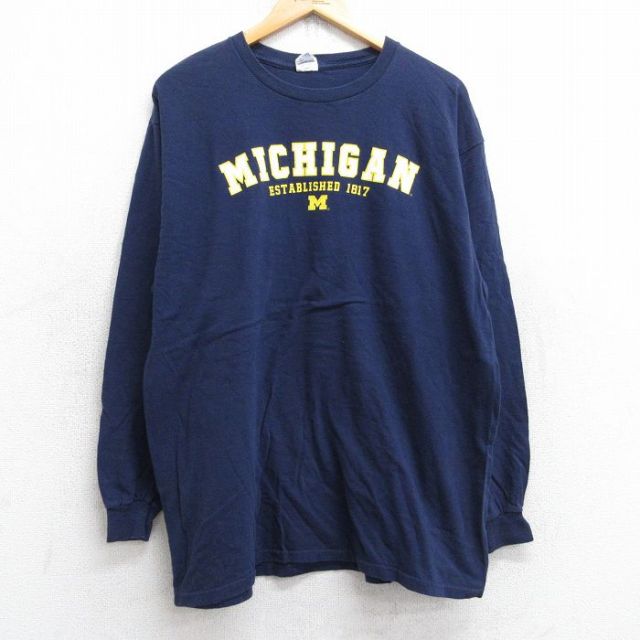 XL★古着 長袖 Tシャツ メンズ ミシガン コットン クルーネック 紺 ネイビー 25sep03 中古