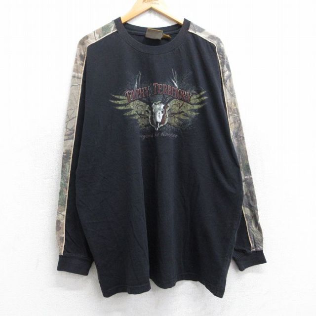 XL★古着 長袖 Tシャツ メンズ ロングホーン TROPHY TERRITORY 大きいサイズ コットン クルーネック 黒他 ブラック 25sep03 中古