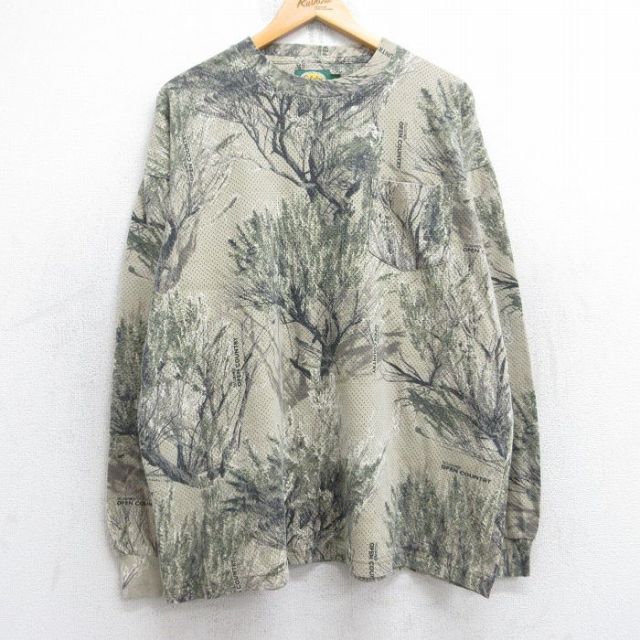 【20%OFF】XL★古着 カベラス 長袖 ビンテージ Tシャツ メンズ 00年代 00s 胸ポケット付き メッシュ地 大きいサイズ クルーネック ベージュ他 カーキ 迷彩 【spe】 25sep03 中古