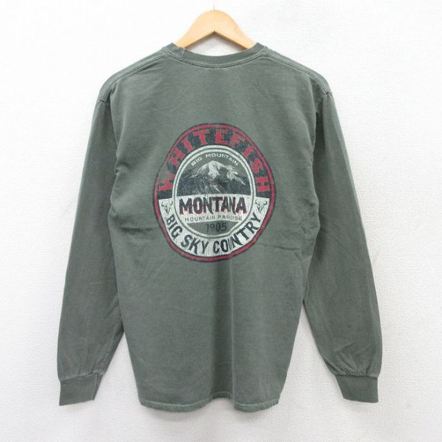 【20%OFF】L★古着 長袖 ビンテージ Tシャツ メンズ 00年代 00s モンタナ ホワイトフィッシュ コットン クルーネック 濃緑 グリーン 25sep03 中古