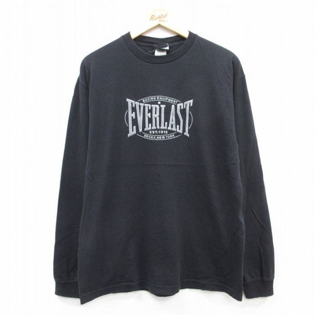 L★古着 長袖 Tシャツ メンズ EVERLAST コットン クルーネック 黒 ブラック 25sep03 中古